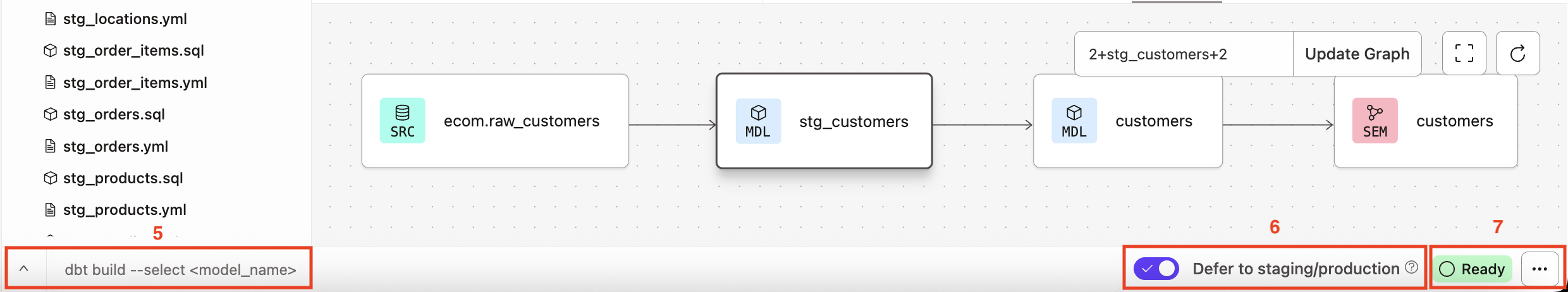 Use the Command bar to write dbt commands, toggle 'Defer', and view the current IDE status Use the Command bar to write dbt commands, toggle 'Defer', and view the current IDE status